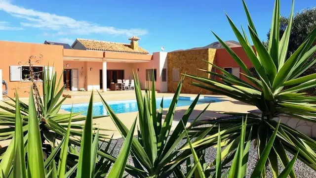 BookNoFees: poilsio būstas, Triquivijate, Fuerteventura, Ispanija – Baseino zona su baseinu, lauko baldais ir agavų augalais pirmame plane